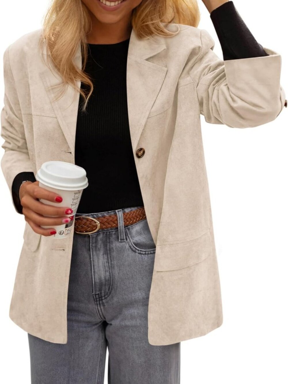 Women's Beige Faux Suede Western Blazer Jacket Oversized Casual Office Work